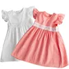 Baby Girls Dress Clothes Lace fly sleeves Pure Color Cotton Linen Casual Dress Knee Length Kids Clothing Princess Dress G1215