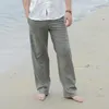 男性のズボンの夏のカジュアル男性の自然な綿のリネンズボン男性の白い緑の軽量の弾性ウエストストレートルーズビーチ