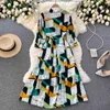 DEAT Spring Summer Fashion Casual Long Sleeve Print Color Matching Printing Slim Mid Length Dress Women SK706 210709