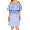 Lady Ruffles Blue Biała Elegancka Sukienka Kobiety Slash Neck Off The Ramię Letnie Odzież Vestidos z Sashes Waist Pas Dresses 210416