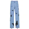 Vlinderprint Rechte Blauwe Denim Broek Voor Vrouwen Y2K Jeans Voor Meisjes Vrouwelijke Mode Hoge Taille Broek Capri Streetwear 210415