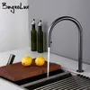 Brushed Gunmetal Black Single Handle Double Hole And Cold Sprayer Pull-Down Brass Countertop Mounted Kitchen Sink Faucet 210724