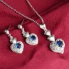 925 Sterling zilveren ketting sieraden set bruiloft romantische blauwe zirkoon kristal hart hanger oorbellen mode
