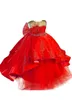 2021 Röd lyxig Tutu Flower Girl Dresses Lace Pärlad bollklänning Sheer Neck Tulle Lilttle Kids Birthday Pageant Wedding klänningar ZJ189T
