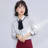Koreanska Silk Kvinnor Satin Blus för Bow Slips S Kvinna Kontor Lady Tops Plus Storlekskjorta 210604