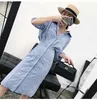 Women Elegant Stripe Dress Spring Autumn Slim Batwing Sleeve Office es Ladies Long Blouse Blue Robe 210525