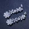Underbar silverfärg lång dangling droppe blomma örhänge lyxig cubic zirconia smycken för bröllopsfest cz008 210714