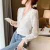 Fashion V-Neck Lace Shirts Crochet Flower Elegant White Blouse Women Autumn Vintage Long Sleeve Button Top Blusas 11907 210521