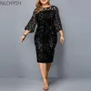 Artı Boyutu Elbiseler Parti Elbise Bayanlar Midi Pullu Örgü Uzun Kollu Dantel Zarif Bodycon XL-4XL 5XL Akşam Kadın Yaz 2021