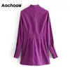 Fashion Purple Pleated Shirt Women Office Wear Turn Down Collar Mini Dress Ladies Long Sleeve Chic Dresses 210413