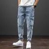 Wiosna Lato Czarne Niebieskie Dżinsy Mężczyźni Streetwear Multi-kieszenie Spodnie Cargo Joggers Spodnie Jean Plus Size 6XL 7XL 8XL 210716