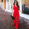 Women Sexy V Neck Sleeveless Summer Red Jumpsuit lady Solid Romper Clubwear Playsuit Casual Backless Wide Leg 210517