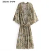 Bohemia Phoenix tail Flower Print Long Kimono Shirt BOHO Ethnic Women Lacing up Bow Sashes Cardigan Loose Blouse Tops 210429