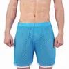 Malha homens shorts sexy beach board ver através de fishnet gay palco masculino solto oco para fora azul vermelho preto branco homens