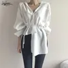 Outono Manga Longa V-Pescoço Cardigan Button Up Shirt Irregular Coreano Branco Tops para Mulheres Casuais Blusa Lace-Up 11677 210521