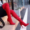 Faux Suede Stretch Cuissardes Sexy Élastique Mince Sur Le Genou Femmes Talons De Mode Noir Rouge Fétiche Longues Chaussures 211021