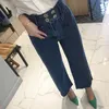 Spring Vintage Ladies Simple High Waist Double Breasted Small Pockets Loose Wide Leg Jeans Pants Women QB315 210510