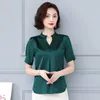 Summer Korean Fashion Silk Women Blouses Satin Solid s Tops and Plus Size 4XL Pink Short Sleeve Shirts 210531