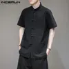 Camicie casual da uomo INCERUN Camicia da uomo stile cinese tinta unita collo alla coreana in cotone abito vintage con bottoni manica corta 242k