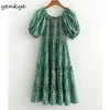 Prairie Chic Robe d'été Femmes Vert Floral Imprimer Femelle Lanterne Manches O Cou Genou Longueur Big Swing Robe 210514