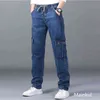 Jeans a vita alta da uomo Pantaloni Dinem dritti di grandi dimensioni Pantaloni da uomo neri con tasche multiple laterali blu larghi elastici 211108
