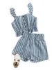 3-8y criança criança criança menina roupas conjunto azul listrado ruffles colete tops shorts outfits praia trajes de férias 210515