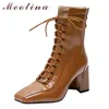 High Heel Short Boots Women Shoes Zip Cross Tied Mid-Calf Square Toe Block Heels Lady Autumn Black Brown 40 210517