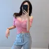 WOMENGAGA Pink Short T-shirt Summer Tops Slash Neck Strapless Sexy Pleated Top Tee Korean Women Kawaii Goth Clothes T Shirts QP8 210603