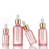 Bouteilles de parfum d'huile essentielle en verre rose, flacon compte-gouttes avec Pipette avec capuchon doré et dessus en caoutchouc blanc