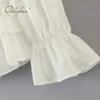 Yaz Kadın Kapalı Omuz Bluz Gömlek Uzun Kollu Pamuk Nakış Seksi Streetwear Beyaz Dantel Tops 210415