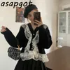 Casal Sweater Fashion Chic SweatersJumpers Cardigan V Pescoço Retalhamento Retalhos Negros Ruffles Jaqueta Kniened Mulheres Retro Puxar 210610