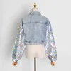 Twotwinstyle Hit Color Denim Jacket For Women Lapel Long Sleeve Patchwork Sequin Kortjackor Kvinnliga fashionabla kläder 210517