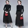 Femmes hiver automne Designer élégant Robe costume noir Sexy bureau fête Robe dames Vintage tricoté maille deux pièces ensemble Vestidos 210525