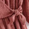 Sweet Women Pink Mini Dress Three Quarter Puff Sleeve V Neck Ruffles Elastic High Wasit Ladies Party ES 210508