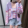 Femmes Doux Cerise Imprimer Ouvert Couture Chandail Tricoté Femme Chic Couleur Match Patchwork Lâche Cardigans Tops 210521