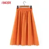 Tangada Women Orange Embroidery Midi Skirt Faldas Mujer Vintage Strethy Waist Ladies Chic Mid Calf Skirts 8H108 210609