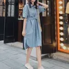 Sommer Damen Midi Hemd Kleid Weibliche Casual Kurzarm Blau Frauen Lose Büro Es Plus Größe M-4XL 210601