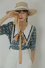 Vintage blouse zomer top blue collar shirt vrouwen losse grote ontwerper dames stropdas Koreaanse mode 210427