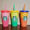 5pcs 24oz/710ml Starbucks Renk Değiştirme Plastik Tumbler Yeniden Kullanılabilir Açık İçme Düz Alt Bardak Sütun Şekli Kapak Saman Kupa Bardian