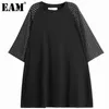 [EAM] Women Black Dot Printed Big Size Casual T-shirt Round Neck Half Sleeve Fashion Spring Summer 1DD7775 21512