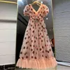 Mode långa klänningar för kvinnor elegant parti bröllop rosa maxi sommar jordgubbe klänning sequin mesh lolita hög midja tunika 210402