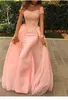 Modern Offtheshoulder Mermaid Tulle Evening Dress Floorlength Lace Applique Short Sleeves Peach Prom Dress robe de bal princess6679587
