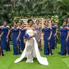 2021 African Mermaid Bridesmaid Dresses Side Split Criss Cross Straps Ruffles Plus Size Maid of Honor Dress Navy Blue Wedding Guest Gowns