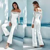 Kvinnors Jumpsuits Rompers Word Shoulder Jumpsuit Kvinnor Sommar 2021 Solid Färg Lace Loose Sexy Boot Cut Byxor Akryl Casual Ladies Clothi