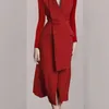Haute qualité tempérament affaires élégant vestido da festa automne hiver coréen OL ceinture taille crantée à manches longues robe rouge 210519