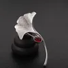 925 Sterling Silver Brooches for Women Red Garnet Stone Ginkgo Leaf Pendant Brooch Pin Men Suit Accessories Unusual Gifts