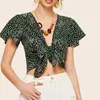 Blouses feminina camisas de verão de bolinhas verdes imprimir nó frontfrop blusa top top week casual v pesco