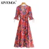 Kvinnor Chic Fashion Floral Print Wrap Chiffon Midi Dress V Neck med bälte och foder kvinnlig Veintidos 210420