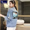 Vangull Bomber da donna in denim sfilacciato Appliques Stampa manica lunga Lady Cappotto elegante vintage Primavera Fashion Hole Outwear 211029