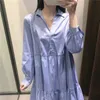 ZA Blue Mini Shirt Dress Women Long Sleeve Flounce Hem Pleated Dresses Female Chic Front Button Vintage Office Vestidos 210602